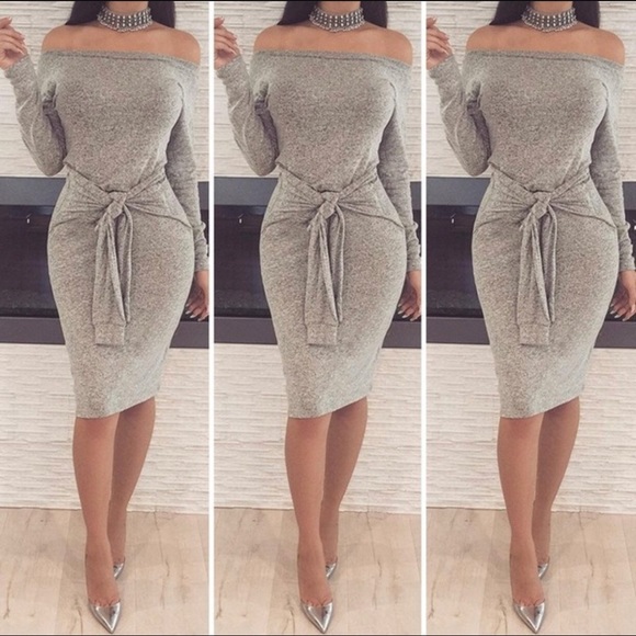Off the shoulder knit dress-Light Grey - Picture 2 of 2
